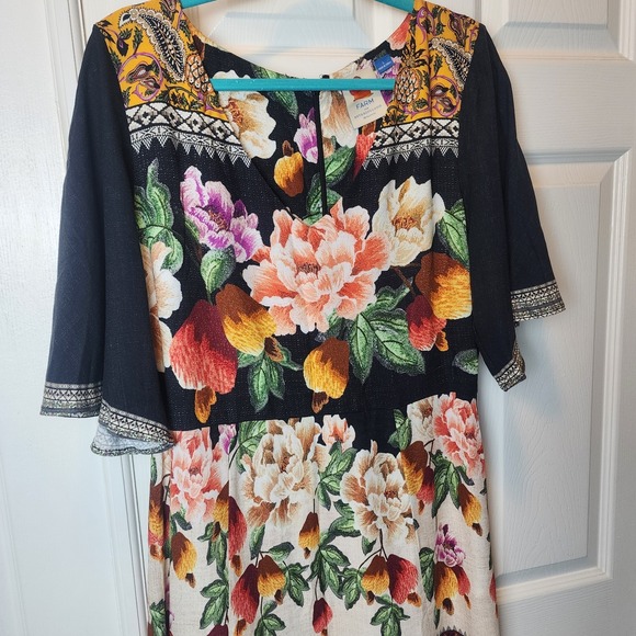 FARM Rio Anthropologie Maxi Dress Large Floral Boho Flare Sleeve Esmeralda Black - Picture 3 of 13